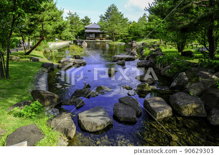 俯瞰池塘上方的松陰房屋 90629303