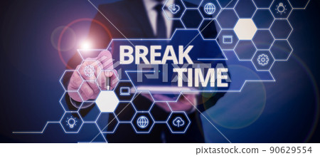 Conceptual display Break Time. Conceptual photo Period of rest or recreation after doing of certain work Lady in suit holding pen symbolizing successful teamwork accomplishments. Conceptual display Break Time. Conceptual photo Period of rest or recreation after doing of certain work Lady in suit holding pen symbolizing successful teamwork accomplishments. 90629554
