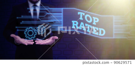 Handwriting text Top Rated. Business overview The high amount of a charge or payment based on calculation Lady in suit holding pen symbolizing successful teamwork accomplishments. 90629571