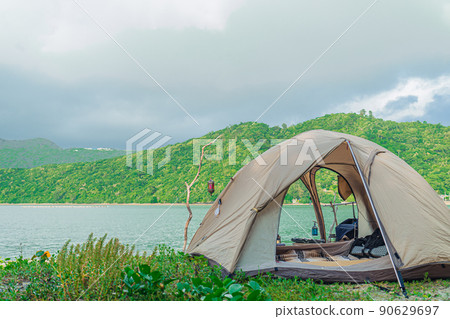 Camp Solo Tent Rough Camp Back View Background Sea Copy Space Inside the Tent 90629697