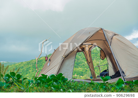 Camp Solo Tent Rough Camp Back View Background Sea Copy Space Inside the Tent 90629698