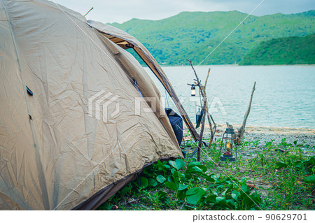 Camp Solo Tent Rough Camp Back View Background Sea Copy Space Inside the Tent 90629701
