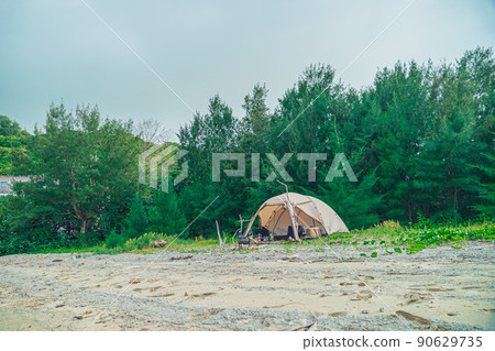 Sandy beach and forest camp Solo tent Rough camp Forest sky Copy space 90629735