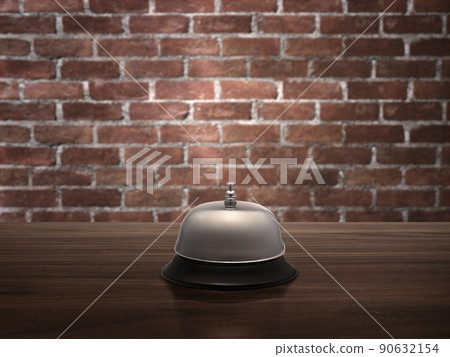 Hotel service bell on wood counter red brick wall background Hotel service bell on wood counter red brick wall background 90632154