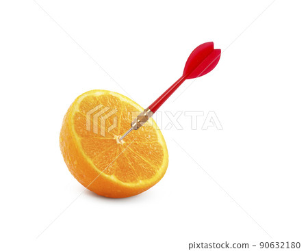 Orange fruit with circular target marked and red dart on white background. minimal idea food and fruit concept. An idea creative to produce work within an advertising marketing communications Orange fruit with circular target marked and red dart on white background. minimal idea food and fruit concept. An idea creative to produce work within an advertising marketing communications 90632180