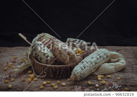 Fresh waxy corn or Sweet glutinous corn and Corn kernelson Rustic old wooden background. Fresh waxy corn or Sweet glutinous corn and Corn kernelson Rustic old wooden background. 90632819