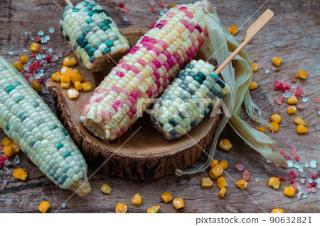 Fresh waxy corn or Sweet glutinous corn and Corn kernelson Rustic old wooden background. Fresh waxy corn or Sweet glutinous corn and Corn kernelson Rustic old wooden background. 90632821