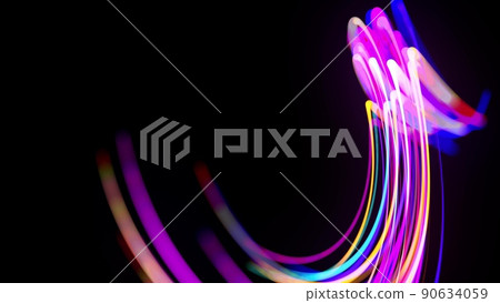 Motion graphics, sci-fi bg. Stream of multicolor neon lines form spiral shape, curls and pattern. Abstract background with light trails, Modern trendy motion design bg. Light flow bg. 3d render 90634059