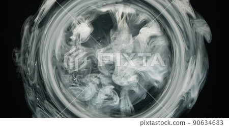 Ink water explosion. Fluid splash in circle. Logo reveal layer. White grey color smoke round cloud motion on dark black abstract art background shot on Red Cinema camera 6k. 90634683
