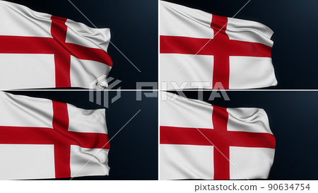 England flag. Saint George's Cross. London sign. Collection of English official patriotic symbol of National Day celebration. Realistic 3D illustration with cotton texture set of 4. 90634754