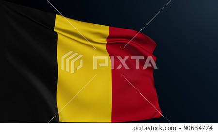 Belgium flag. Brussels sign. European country. Belgian tricolor official symbol of celebration of National Day, July 21. Realistic 3D illustration with cotton texture isolated on dark. 90634774