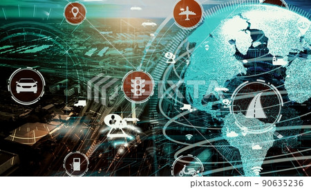 Smart transport technology concept for future car traffic on newish city road Smart transport technology concept for future car traffic on newish city road 90635236