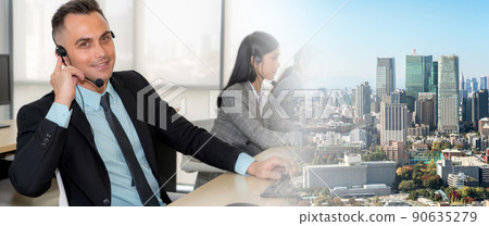 Business people wearing headset working in office broaden view Business people wearing headset working in office broaden view 90635279