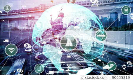 Smart transport technology concept for future car traffic on newish city road Smart transport technology concept for future car traffic on newish city road 90635819