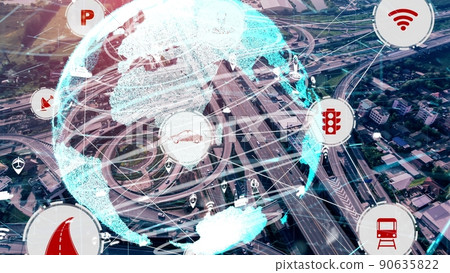 Smart transport technology concept for future car traffic on newish city road Smart transport technology concept for future car traffic on newish city road 90635822