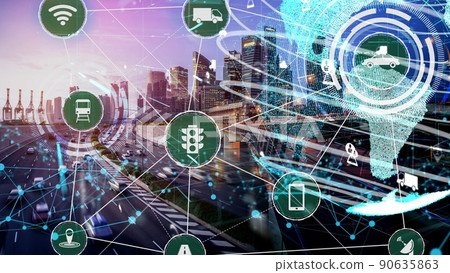 Smart transport technology concept for future car traffic on newish city road Smart transport technology concept for future car traffic on newish city road 90635863