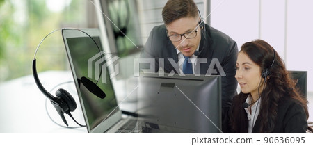Business people wearing headset working in office broaden view 90636095