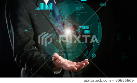Businessman show hologram of global business communication allusive technology 90636609