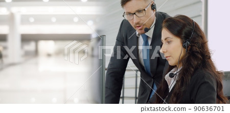 Business people wearing headset working in office broaden view 90636701