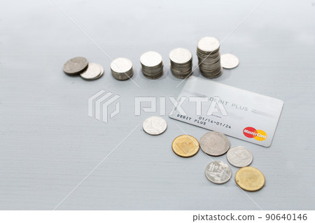 Coin money stack and credit card with space for text background. Saving and financial security concept. 90640146