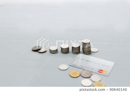 Coin money stack and credit card with space for text background. Saving and financial security concept. 90640148