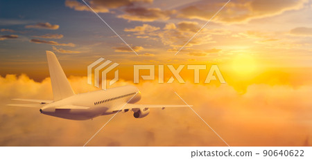 Passenger airplane flying above clouds during sunset. 3D rendering illustration. Passenger airplane flying above clouds during sunset. 3D rendering illustration. 90640622