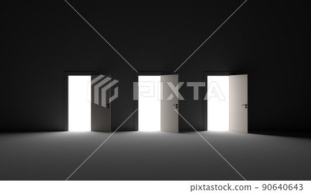 Three open doors in a dark room. 3D rendering illustration. Three open doors in a dark room. 3D rendering illustration. 90640643