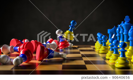 Russia's aggression against Ukraine. Chess in the colors of flags. 3D rendering illustration. 90640656