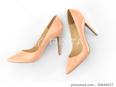 Women's beige shoes isolated on a white background. Top view. 3D rendering illustration. 90640657