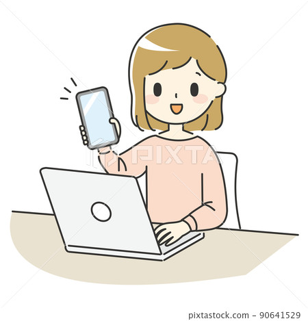 A woman working on a laptop and smartphone [pink] 90641529