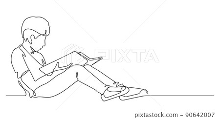 one line drawing of happiness boy reading a book one line drawing of happiness boy reading a book 90642007