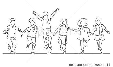 continuous line drawing of happiness little students group enjoy school finish 90642011