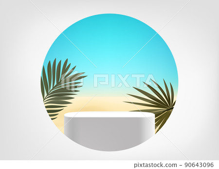 Realistic showcase with podium. Summer coast in a hole. 3d vector mockup with shadow overlay effect Realistic showcase with podium. Summer coast in a hole. 3d vector mockup with shadow overlay effect 90643096