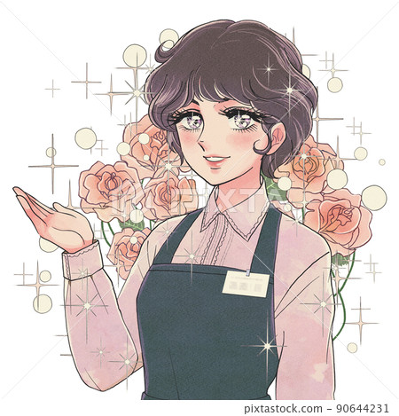 昭和 50 年代少女漫畫風格，家裝店員拿著一朵美麗的玫瑰 90644231