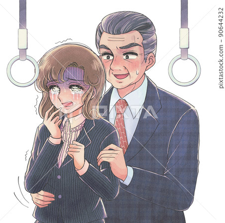 A young woman in a suit who suffers from molesting in an old girl's manga style train 90644232