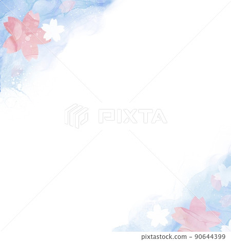 春季日式方形模板)白色背景上的酒精墨波和櫻花圖案淺藍色大理石水彩 春季日式方形模板)白色背景上的酒精墨波和櫻花圖案淺藍色大理石水彩 90644399
