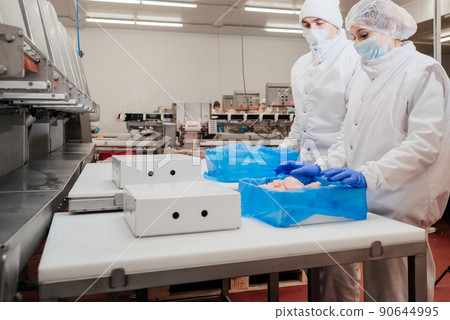 Automated production line with packaging and cutting of meat in modern food factory.Meat processing equipment. 90644995