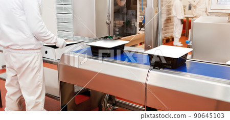 Production process, packaging on the conveyor line of meat in boxes.Conveyor Belt Food.Automated production line in modern food factory.People working.Chicken fillet production line. 90645103