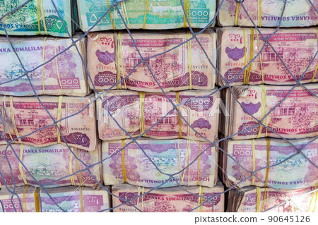Boxes of Colorful Money selling on the Street, Somaliland Boxes of Colorful Money selling on the Street, Somaliland 90645126