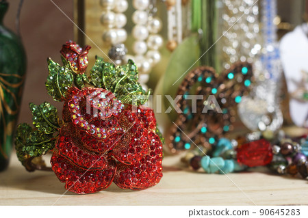 Vintage Rhinestone Rose Bracelet With Jewelry Box in Background 90645283