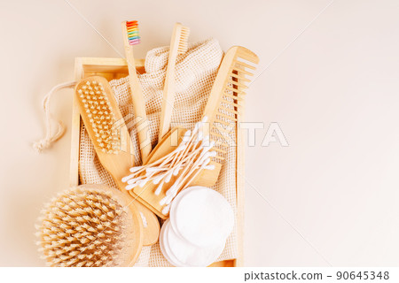 Personal care products made from natural materials.Flat lay of personal care zero waste supplies.Plastic-free concept.Items for hygiene and face and body care made of eco-friendly materials. Personal care products made from natural materials.Flat lay of personal care zero waste supplies.Plastic-free concept.Items for hygiene and face and body care made of eco-friendly materials. 90645348