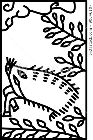 簡單的 Hanafuda 線描插圖 Fumizuki Hagi Ino 七月 Hagi ni Ino 90646107