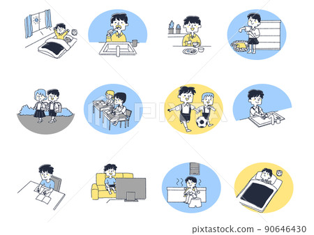 Elementary school boy's daily flow set Comical handwritten person vector, warm line drawing 90646430