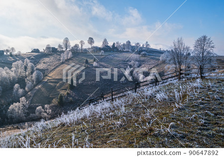 Winter coming. Last days of autumn, morning in mountain countryside peaceful picturesque hoarfrosted scene. Ukraine, Carpathian mountains. Winter coming. Last days of autumn, morning in mountain countryside peaceful picturesque hoarfrosted scene. Ukraine, Carpathian mountains. 90647892