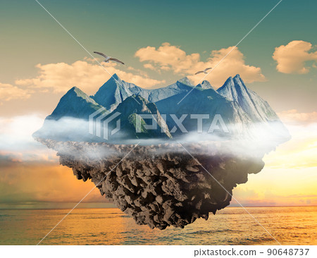 mountain island floating above sea 90648737