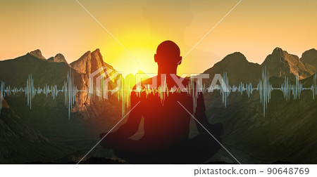 Yoga meditation illustration, silhouette of man practicing in mountains at sunset Yoga meditation illustration, silhouette of man practicing in mountains at sunset 90648769