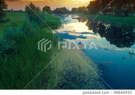 Early misty morning, sunrise over the lake. Rural landscape in summer. Aerial view Early misty morning, sunrise over the lake. Rural landscape in summer. Aerial view 90648933