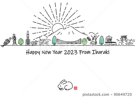 Hand-painted cityscape of sightseeing spots in Ibaraki Prefecture 2023 New Year's card template 90649720