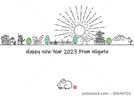 新潟縣觀光景點手繪城市景觀 2023 年新年賀卡模板 新潟縣觀光景點手繪城市景觀 2023 年新年賀卡模板 90649728