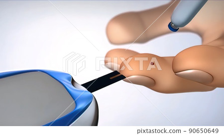 Close up blood sugar test. Woman self-testing for diabetes. Blood sampling for glucometer 90650649